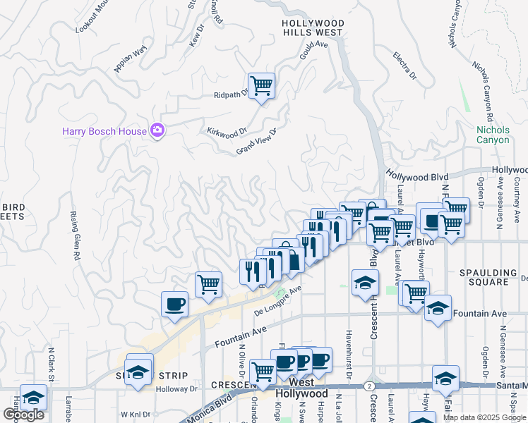 map of restaurants, bars, coffee shops, grocery stores, and more near 8415 Hillside Avenue in West Hollywood