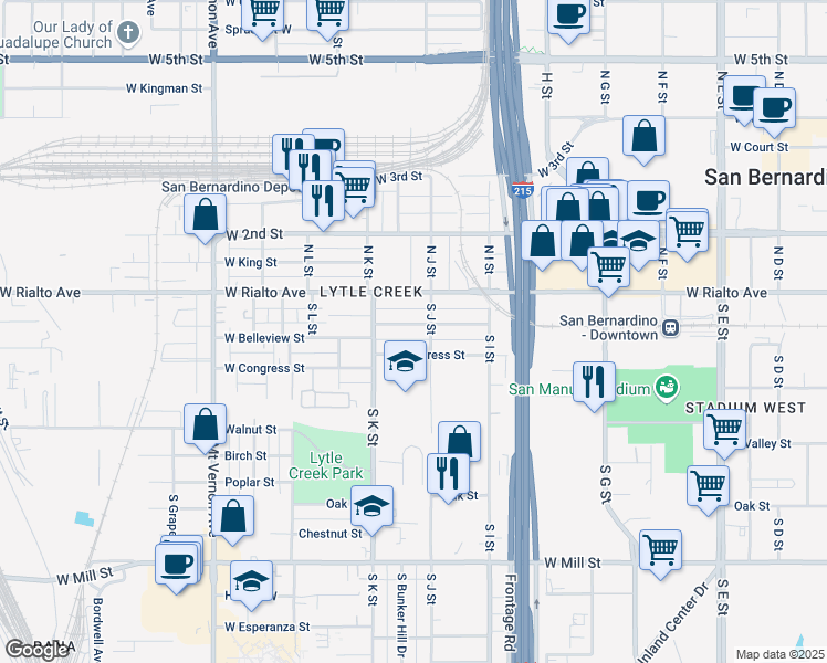 map of restaurants, bars, coffee shops, grocery stores, and more near 1031 West Belleview Street in San Bernardino