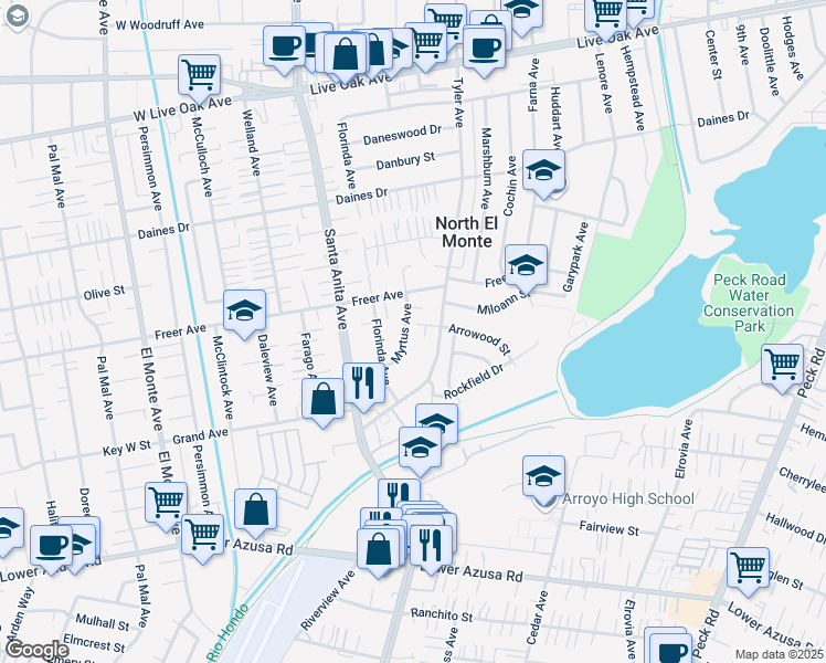 map of restaurants, bars, coffee shops, grocery stores, and more near 5206 Myrtus Avenue in Temple City