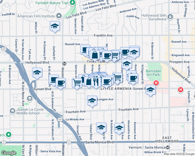 map of restaurants, bars, coffee shops, grocery stores, and more near 1549 North Kingsley Drive in Los Angeles