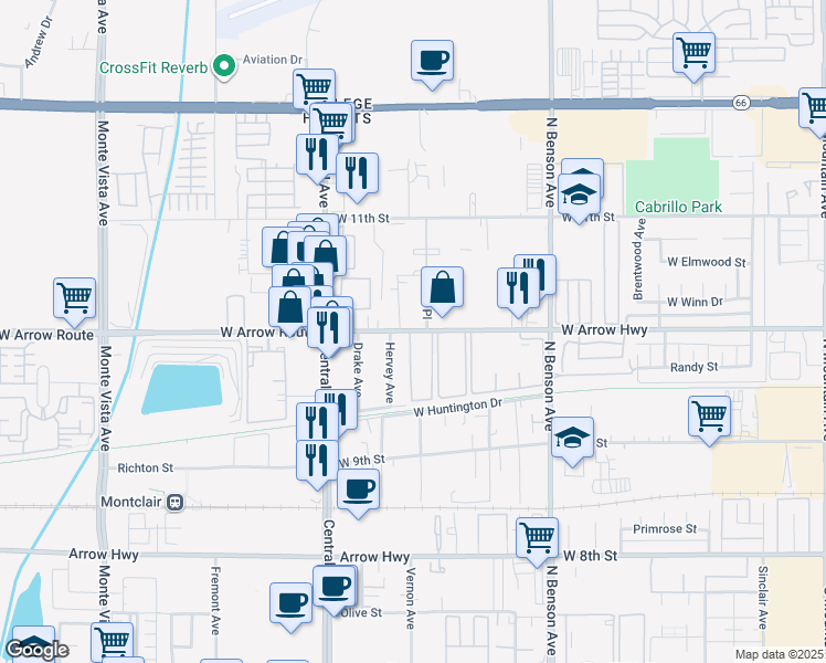 map of restaurants, bars, coffee shops, grocery stores, and more near 1870 West Arrow Route in Upland