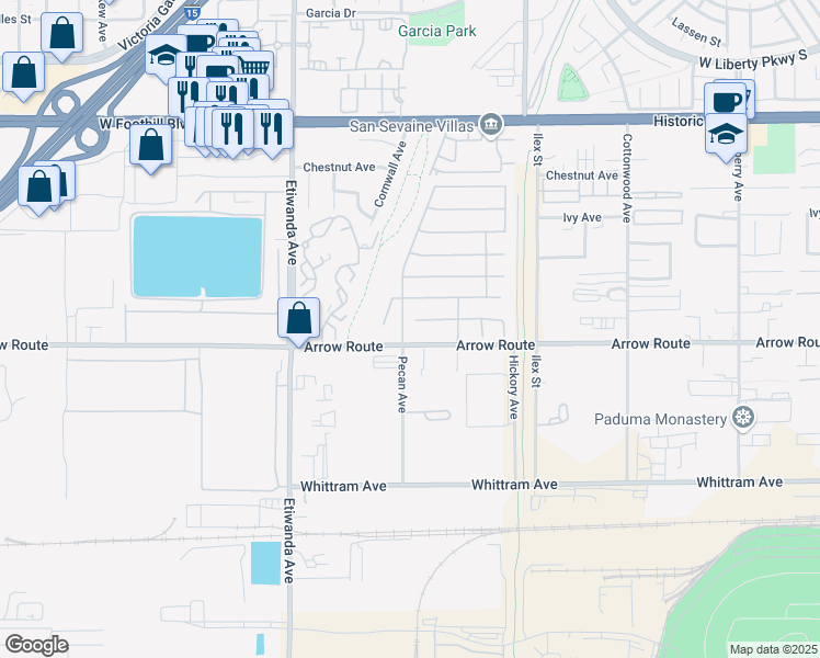 map of restaurants, bars, coffee shops, grocery stores, and more near 13101 Baxter Springs Drive in Rancho Cucamonga