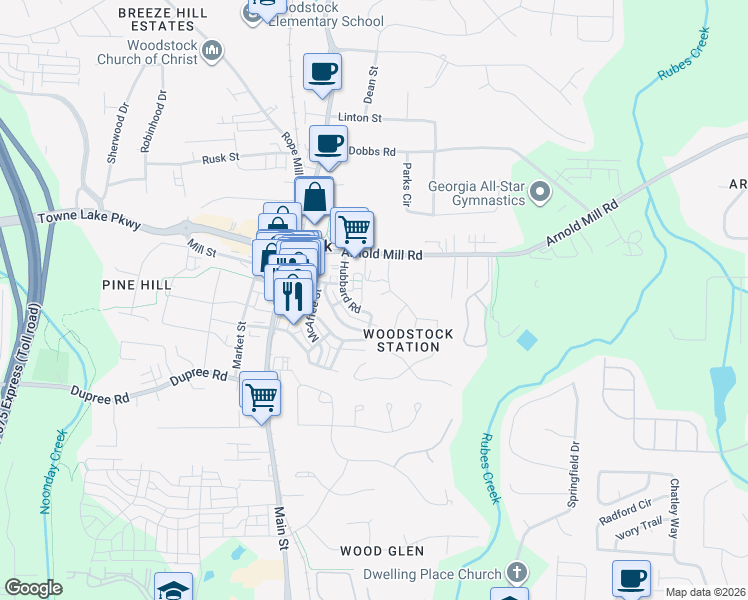 map of restaurants, bars, coffee shops, grocery stores, and more near 1003 Pine Tree Court in Woodstock