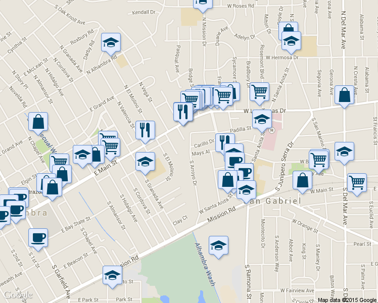 map of restaurants, bars, coffee shops, grocery stores, and more near 235 South Arroyo Drive in San Gabriel