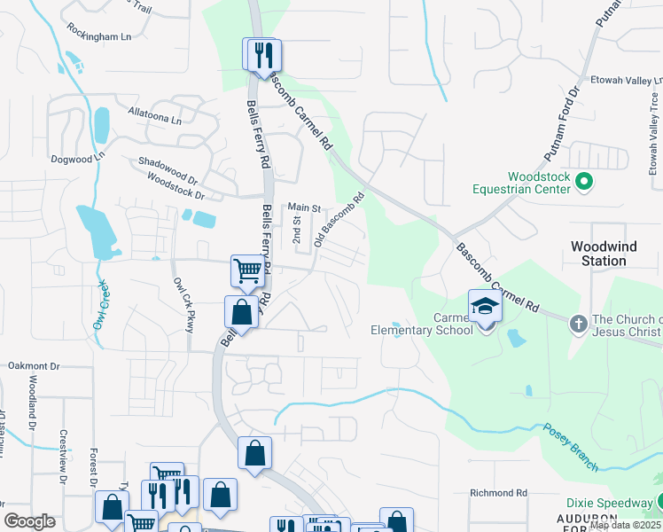 map of restaurants, bars, coffee shops, grocery stores, and more near 115 Linton Dr in Acworth