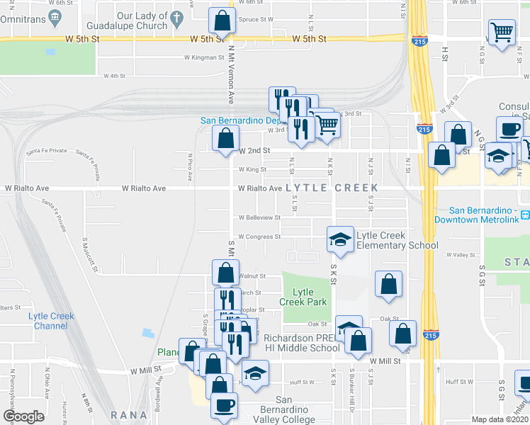 map of restaurants, bars, coffee shops, grocery stores, and more near 1232 West Belleview Street in San Bernardino