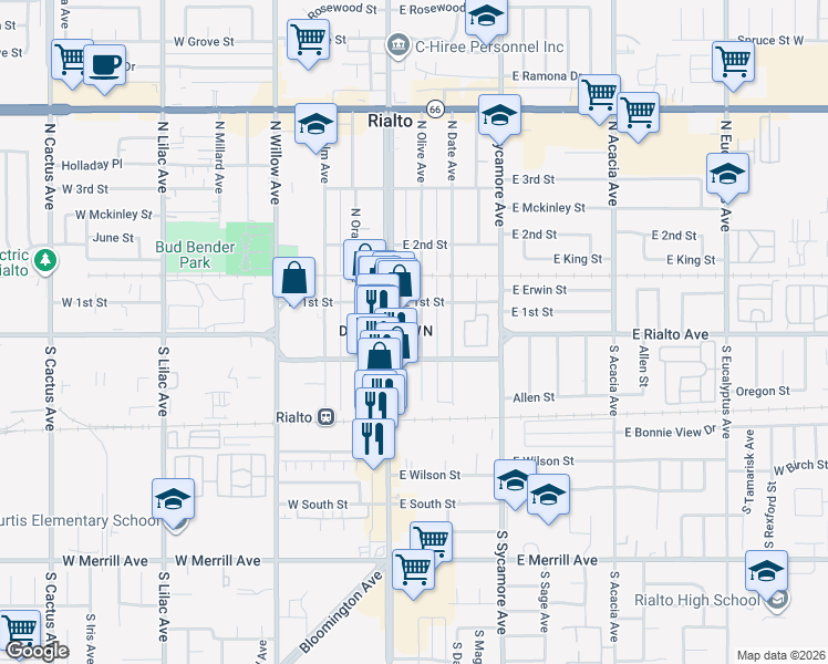 map of restaurants, bars, coffee shops, grocery stores, and more near 127 South Olive Avenue in Rialto