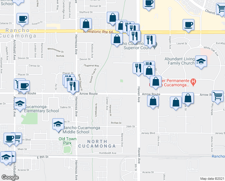 map of restaurants, bars, coffee shops, grocery stores, and more near 10300 Arrow Route in Rancho Cucamonga