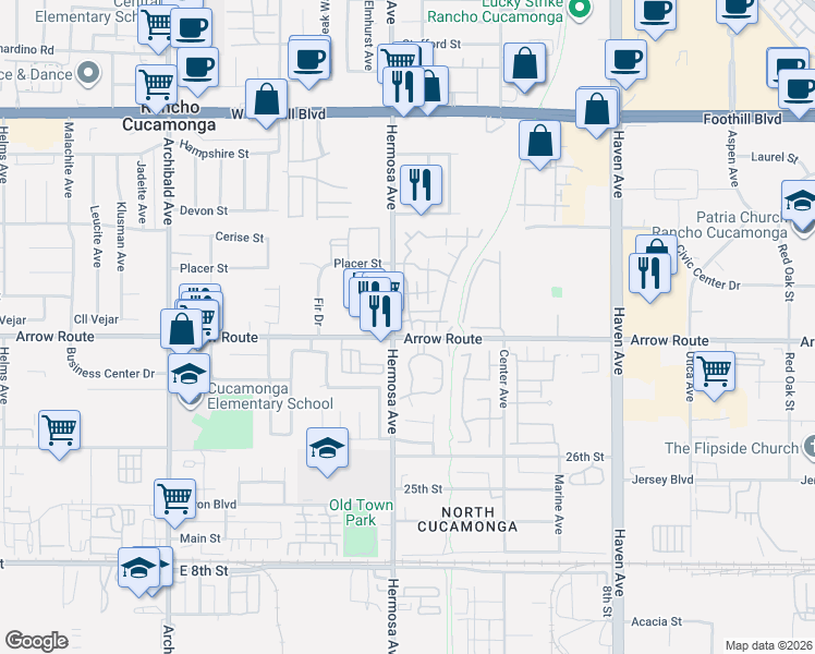 map of restaurants, bars, coffee shops, grocery stores, and more near 10171 Indian Summer Drive in Rancho Cucamonga