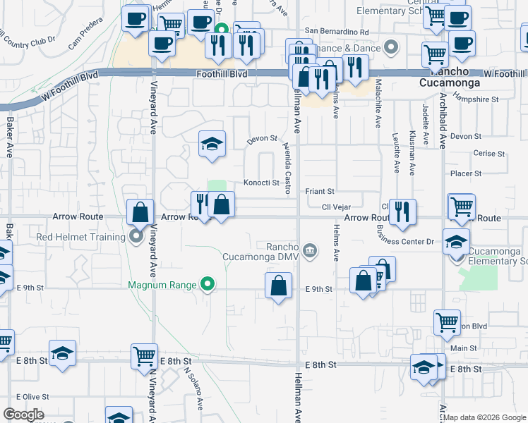 map of restaurants, bars, coffee shops, grocery stores, and more near 9198 Arrow Route in Rancho Cucamonga