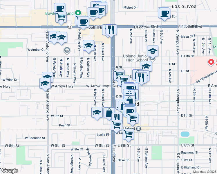 map of restaurants, bars, coffee shops, grocery stores, and more near 92 West Arrow Highway in Upland
