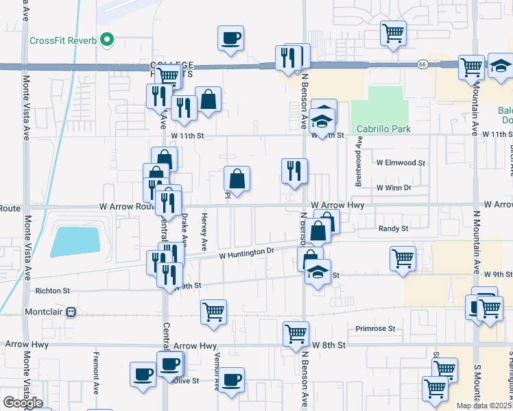 map of restaurants, bars, coffee shops, grocery stores, and more near 1730 West Arrow Route in Upland