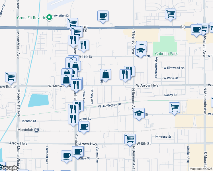 map of restaurants, bars, coffee shops, grocery stores, and more near 1820 West Arrow Route in Upland