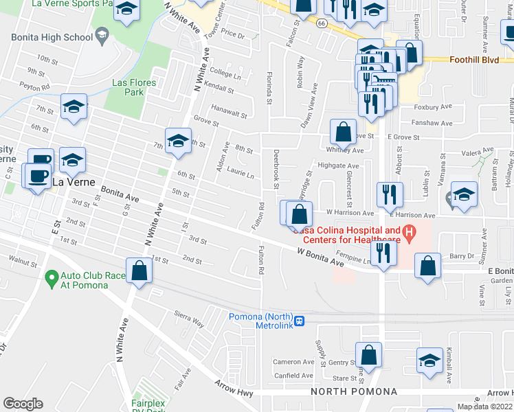 map of restaurants, bars, coffee shops, grocery stores, and more near 2948 Fulton Road in Pomona