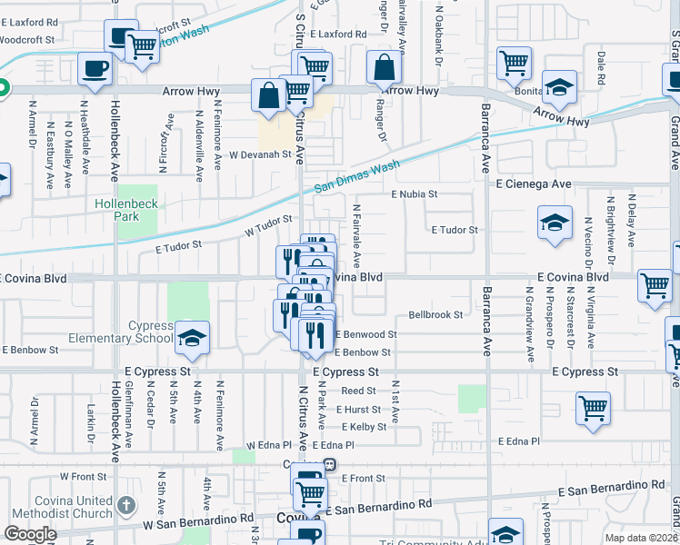 map of restaurants, bars, coffee shops, grocery stores, and more near 1105 North Fairvale Avenue in Covina