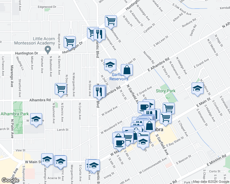 map of restaurants, bars, coffee shops, grocery stores, and more near 508 North 2nd Street in Alhambra