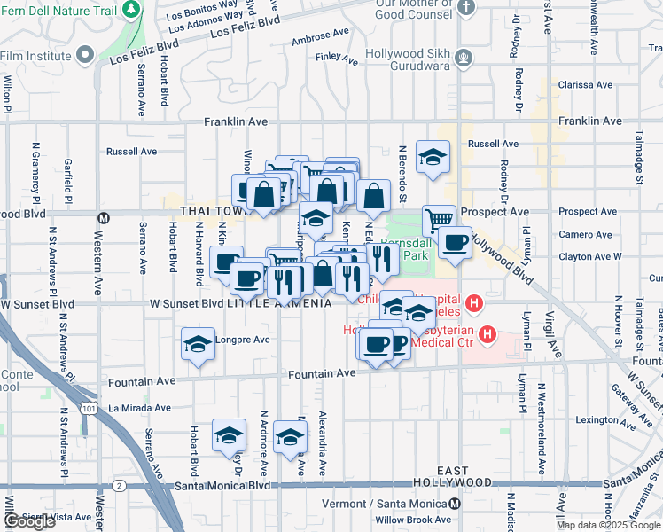 map of restaurants, bars, coffee shops, grocery stores, and more near 1543 North Kenmore Avenue in Los Angeles