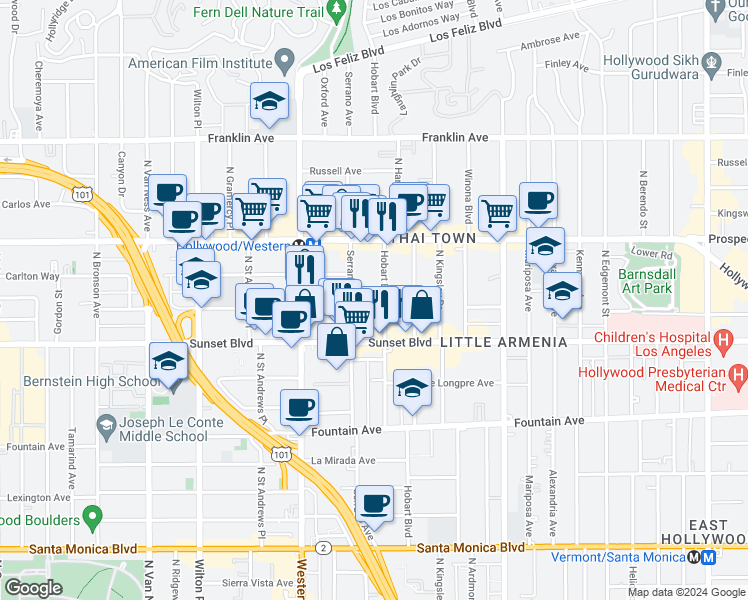 map of restaurants, bars, coffee shops, grocery stores, and more near 1545 North Hobart Boulevard in Los Angeles
