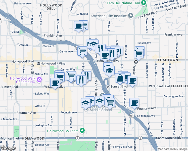map of restaurants, bars, coffee shops, grocery stores, and more near 5805 Harold Way in Los Angeles