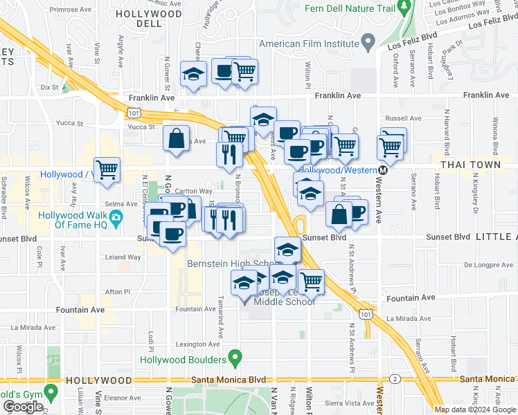 map of restaurants, bars, coffee shops, grocery stores, and more near 5831 Harold Way in Los Angeles