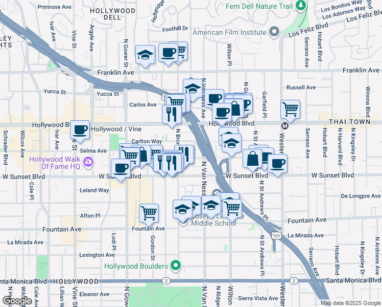 map of restaurants, bars, coffee shops, grocery stores, and more near 5831 Harold Way in Los Angeles
