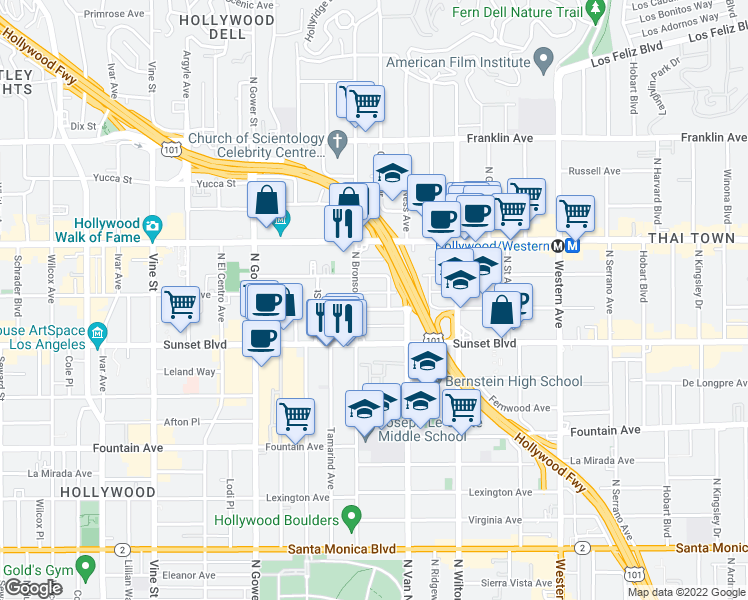 map of restaurants, bars, coffee shops, grocery stores, and more near 5831 Harold Way in Los Angeles