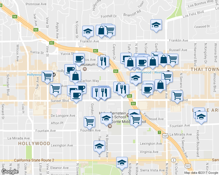 map of restaurants, bars, coffee shops, grocery stores, and more near 5831 Harold Way in Los Angeles