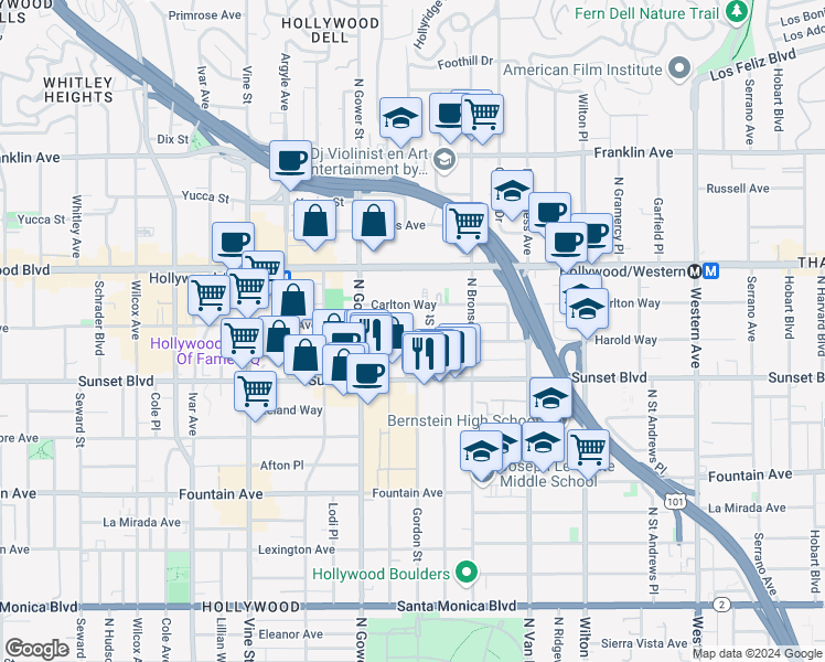map of restaurants, bars, coffee shops, grocery stores, and more near 1545 Gordon Street in Los Angeles