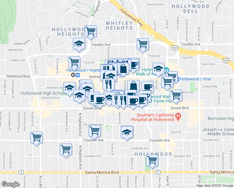 map of restaurants, bars, coffee shops, grocery stores, and more near 1550 Cassil Place in Los Angeles