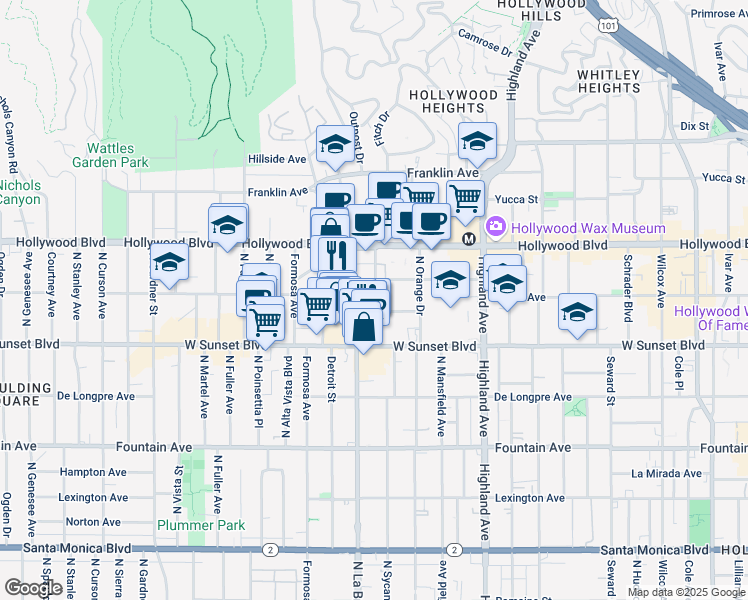 map of restaurants, bars, coffee shops, grocery stores, and more near 7075 Lanewood Avenue in Los Angeles