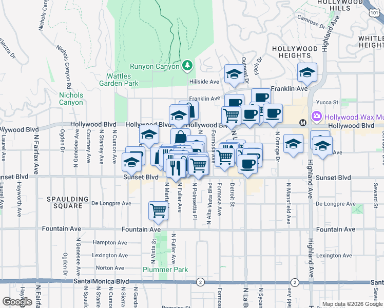 map of restaurants, bars, coffee shops, grocery stores, and more near 1550 North Fuller Avenue in Los Angeles