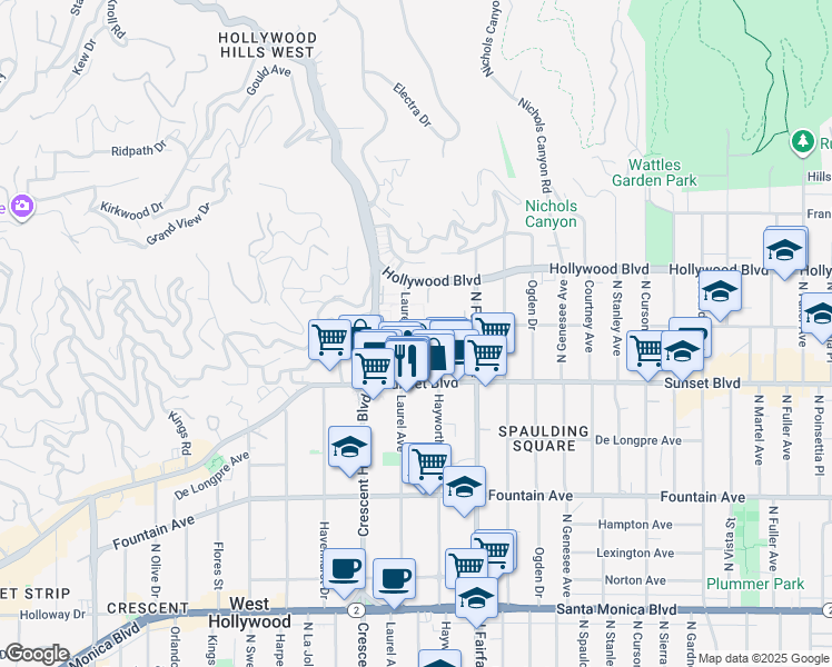 map of restaurants, bars, coffee shops, grocery stores, and more near 1547 North Hayworth Avenue in Los Angeles