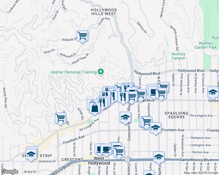 map of restaurants, bars, coffee shops, grocery stores, and more near 8277 Hollywood Boulevard in Los Angeles