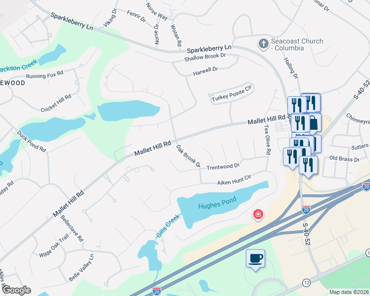 map of restaurants, bars, coffee shops, grocery stores, and more near 96 Oak Brook Drive in Columbia