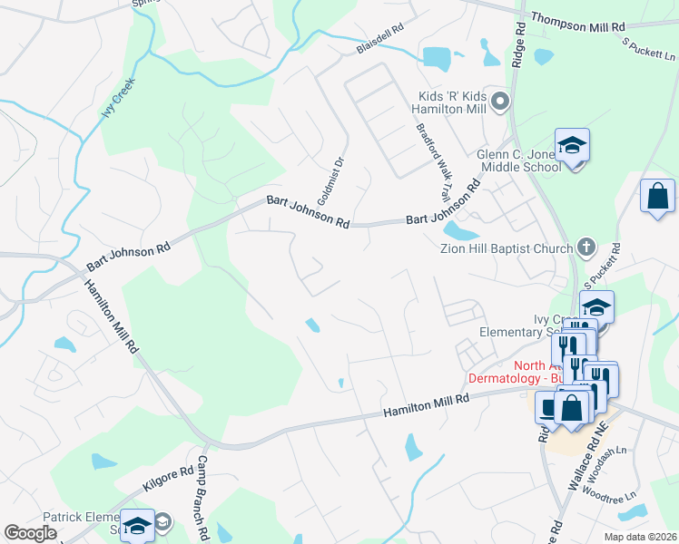 map of restaurants, bars, coffee shops, grocery stores, and more near 3501 Bogan Mill Road Northeast in Buford
