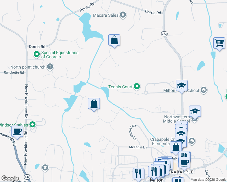 map of restaurants, bars, coffee shops, grocery stores, and more near 770 Owens Lake Road in Alpharetta