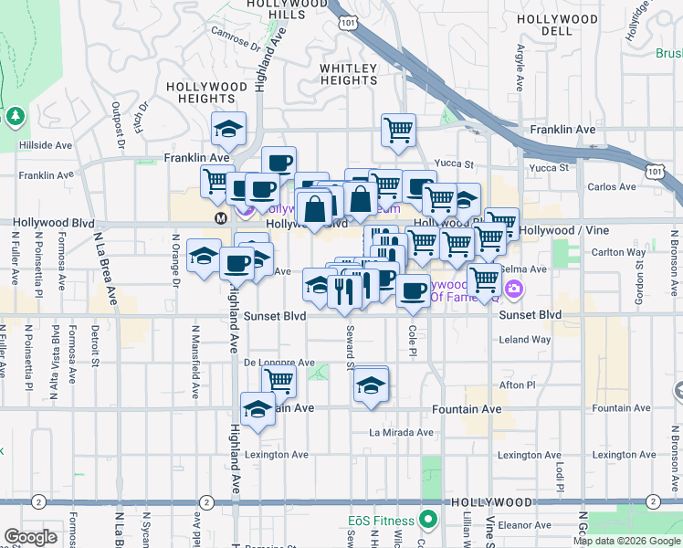 map of restaurants, bars, coffee shops, grocery stores, and more near 6610 Selma Avenue in Los Angeles