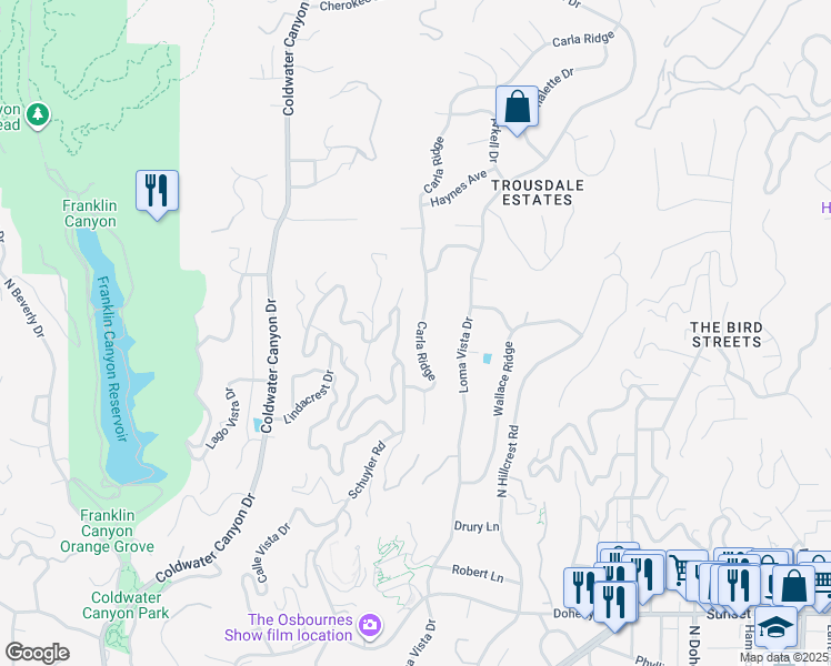 map of restaurants, bars, coffee shops, grocery stores, and more near 1479 Carla Ridge in Beverly Hills