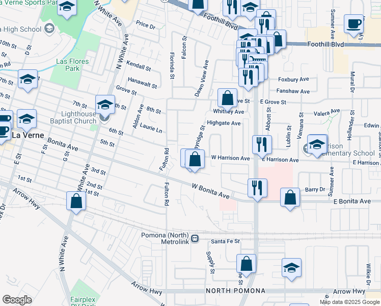 map of restaurants, bars, coffee shops, grocery stores, and more near 2903 Gayridge Street in Pomona