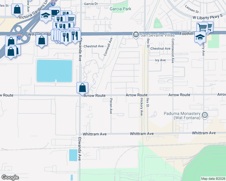 map of restaurants, bars, coffee shops, grocery stores, and more near 13101 Baxter Springs Drive in Rancho Cucamonga