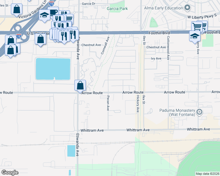 map of restaurants, bars, coffee shops, grocery stores, and more near 13101 Baxter Springs Drive in Rancho Cucamonga