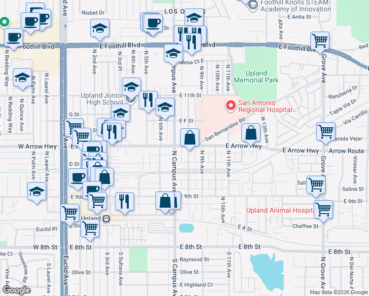 map of restaurants, bars, coffee shops, grocery stores, and more near 495 North 8th Avenue in Upland