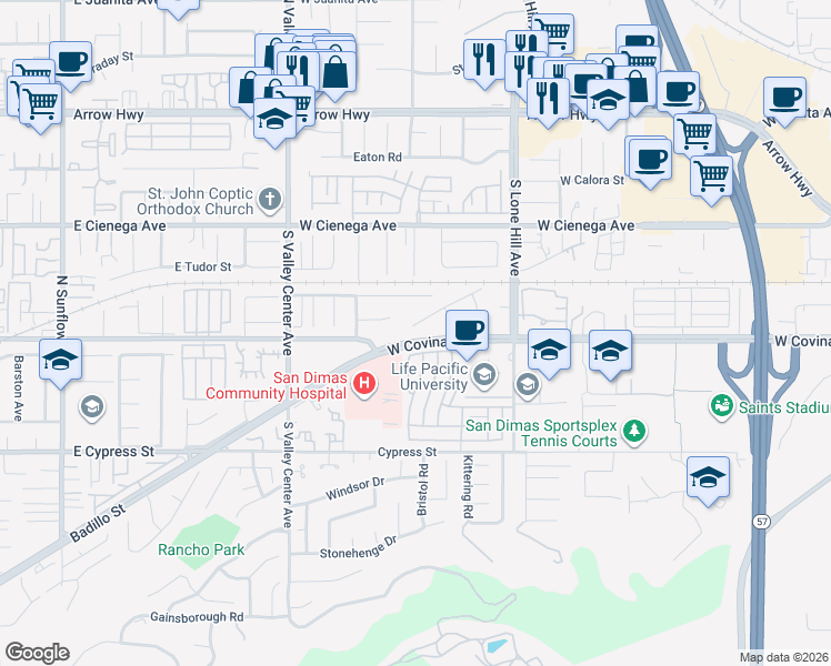 map of restaurants, bars, coffee shops, grocery stores, and more near 1242 Stratford Lane in San Dimas