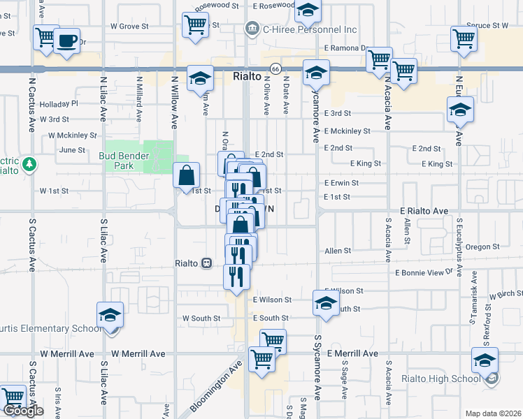 map of restaurants, bars, coffee shops, grocery stores, and more near 127 South Olive Avenue in Rialto