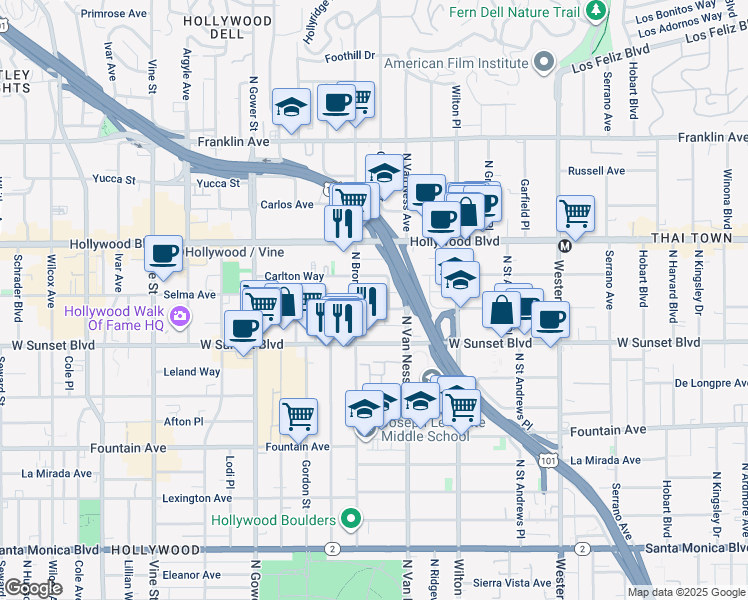 map of restaurants, bars, coffee shops, grocery stores, and more near 5839 Harold Way in Los Angeles