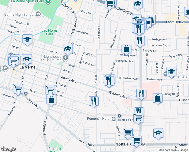 map of restaurants, bars, coffee shops, grocery stores, and more near 2537 Fulton Road in La Verne