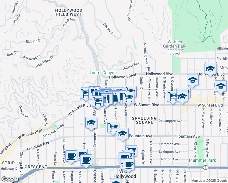 map of restaurants, bars, coffee shops, grocery stores, and more near 7960 Selma Avenue in Los Angeles