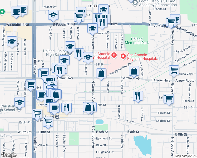 map of restaurants, bars, coffee shops, grocery stores, and more near 495 North 8th Avenue in Upland