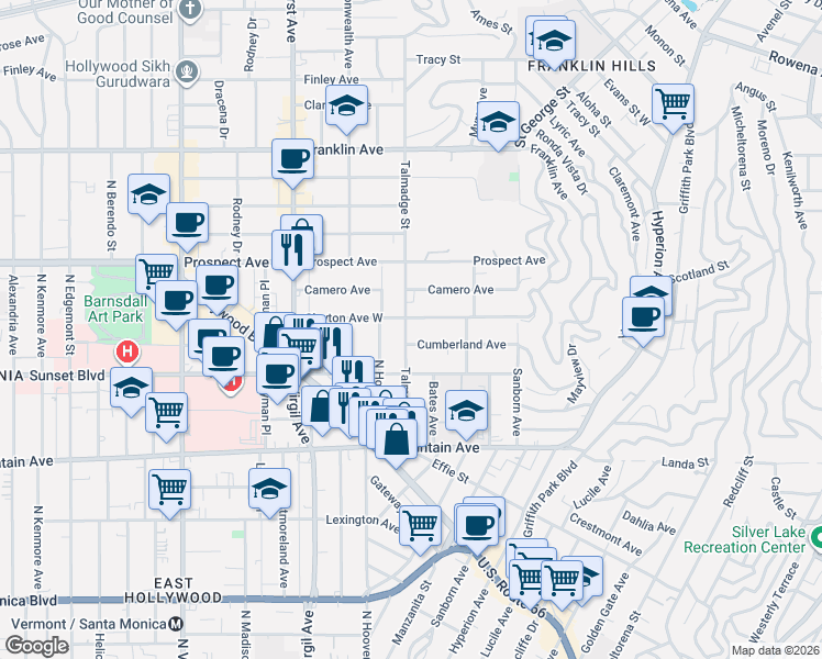 map of restaurants, bars, coffee shops, grocery stores, and more near 1564 Talmadge Street in Los Angeles