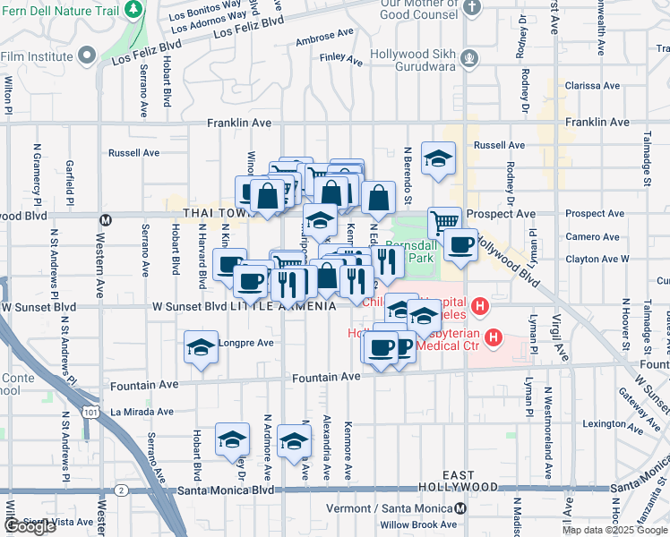 map of restaurants, bars, coffee shops, grocery stores, and more near 1543 North Kenmore Avenue in Los Angeles